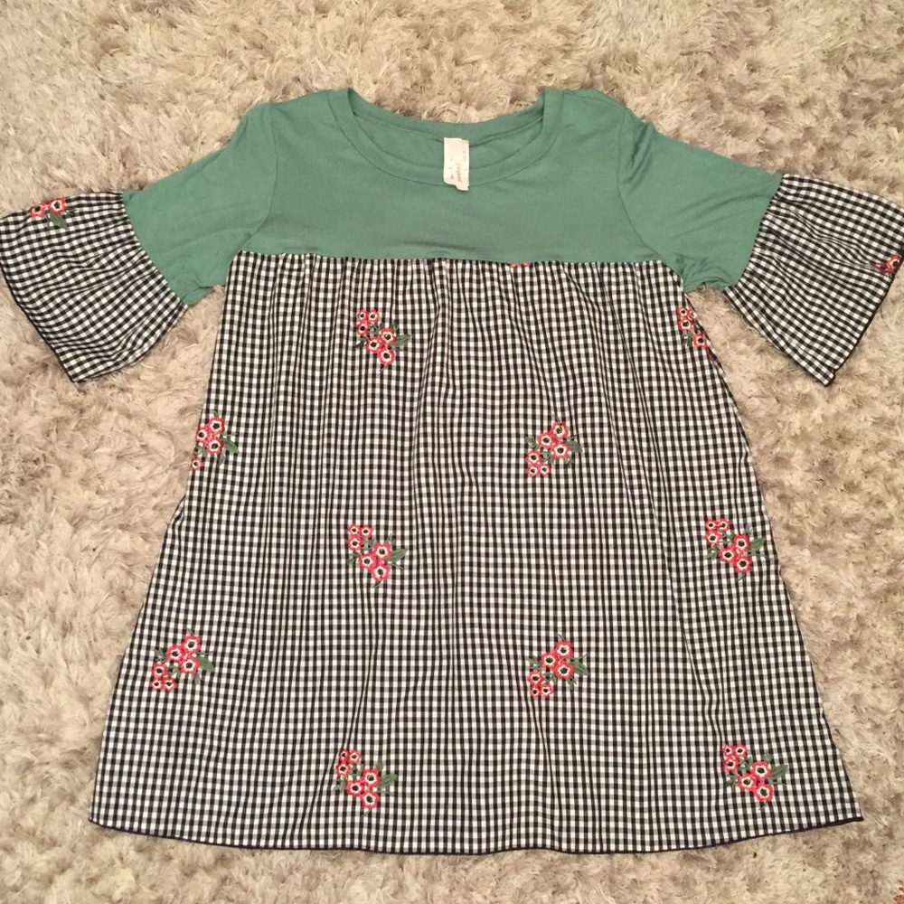 Buffalo Check and Floral Embroidered Top